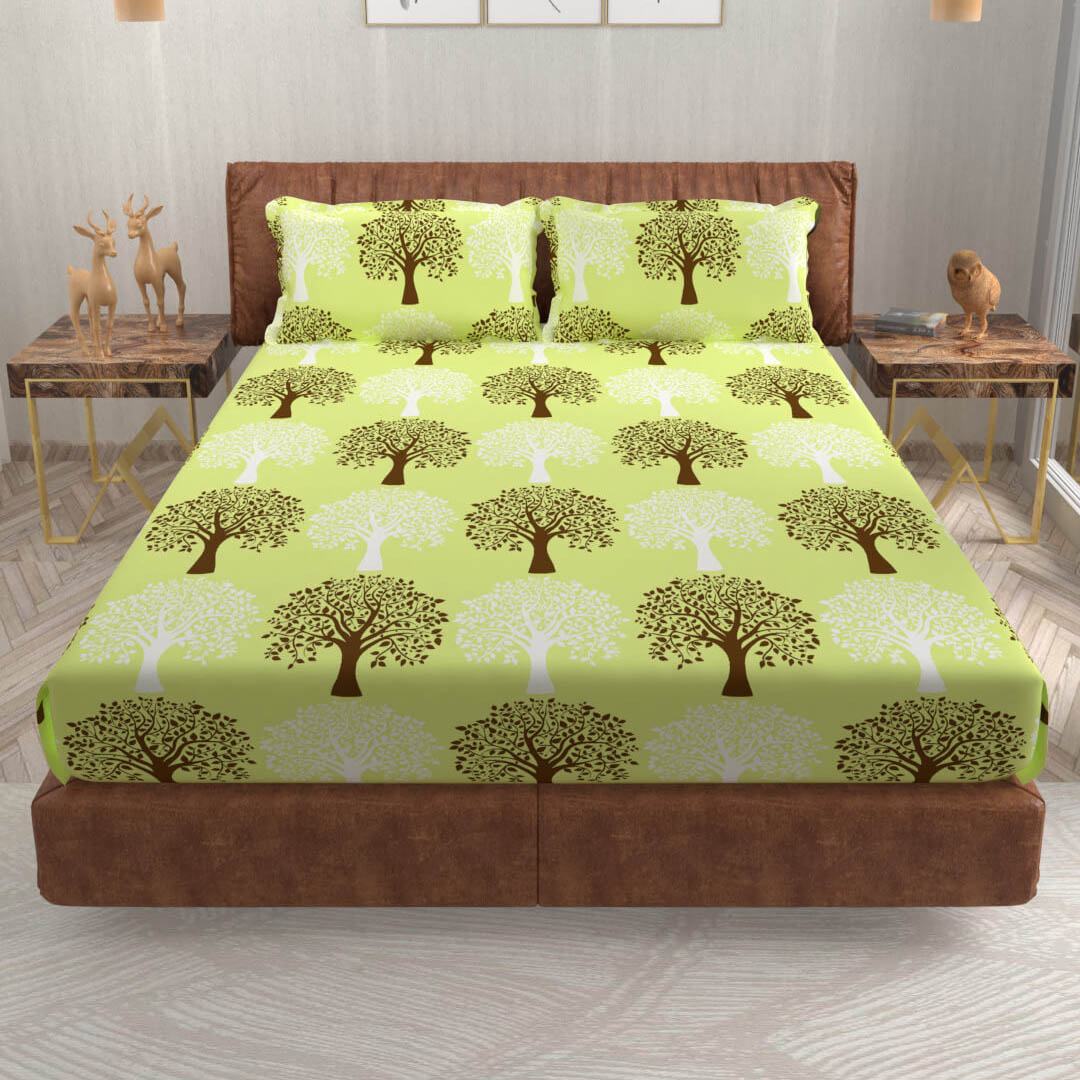 buy lime yellow nature tree super king size cotton bedsheets online – front view